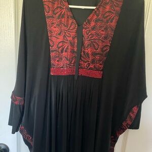 Black and Red Embroidered Rhinestones Kaftan